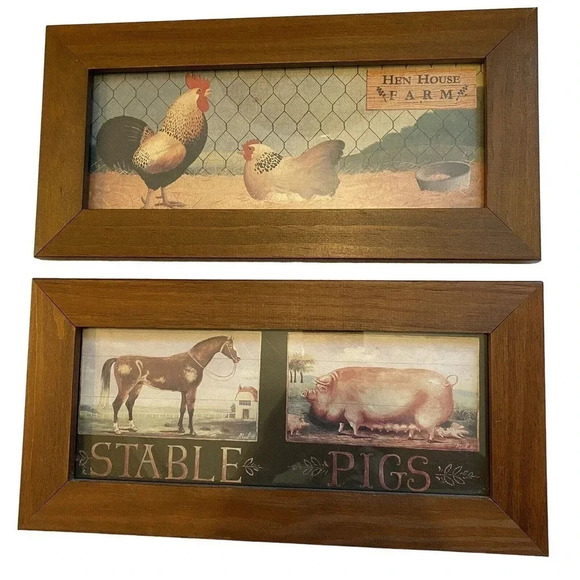VTG Farm Animals Print Painting Wood Fram Farmhouse Wall Decor Hanging Set Of 2 - Picture 1 of 6